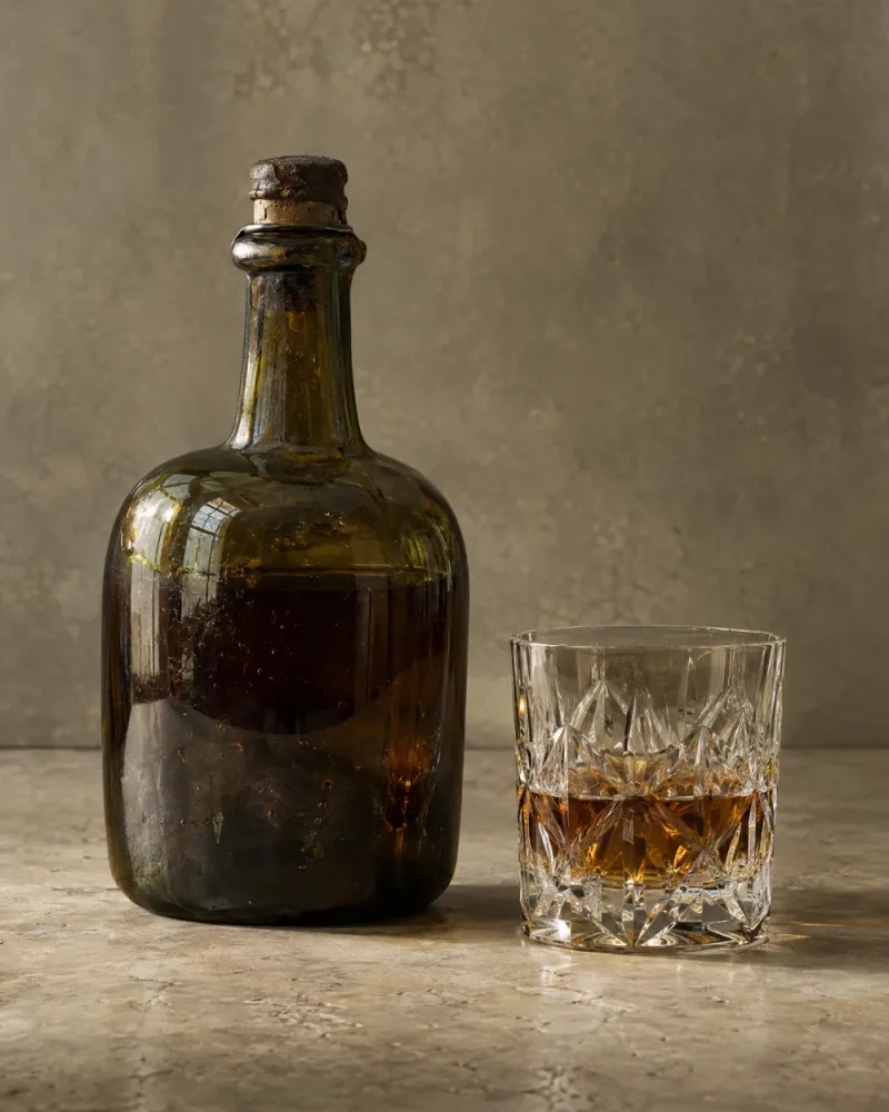 Donkere fles met geslepen glas